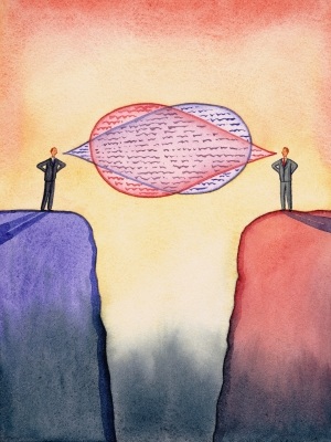 Two men talking from opposite cliffs, word bubbles overlapping